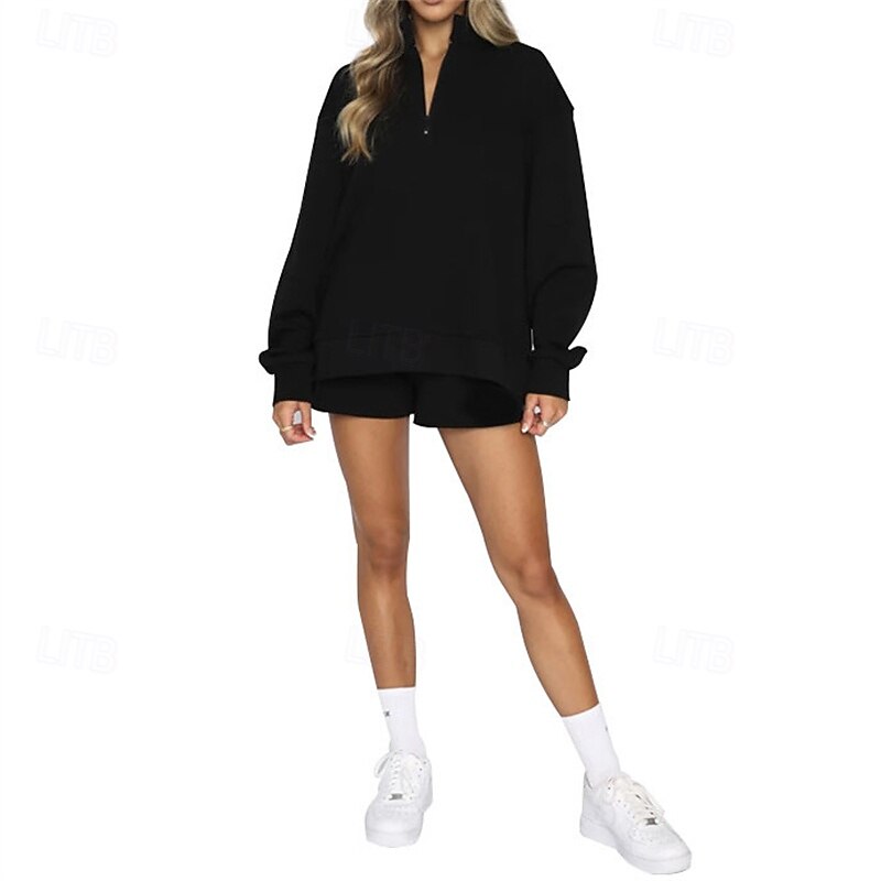 Women's Tracksuit Pullover Sweatshirt Sweat Shorts Drawstring Zipper Pocket Solid Colored Clothing Suit Fall Black Sky Blue Gym Workout Sports Windproof Long Sleeve Sport Activewear Micro-elastic2