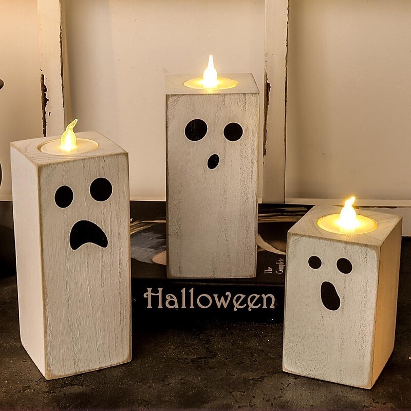 3pcs/set Halloween Ghost Wooden Candle Holder Base, Festive Party Decor Atmospheric Scented Tea Light Candle Craft Ornament for Table Decoration4