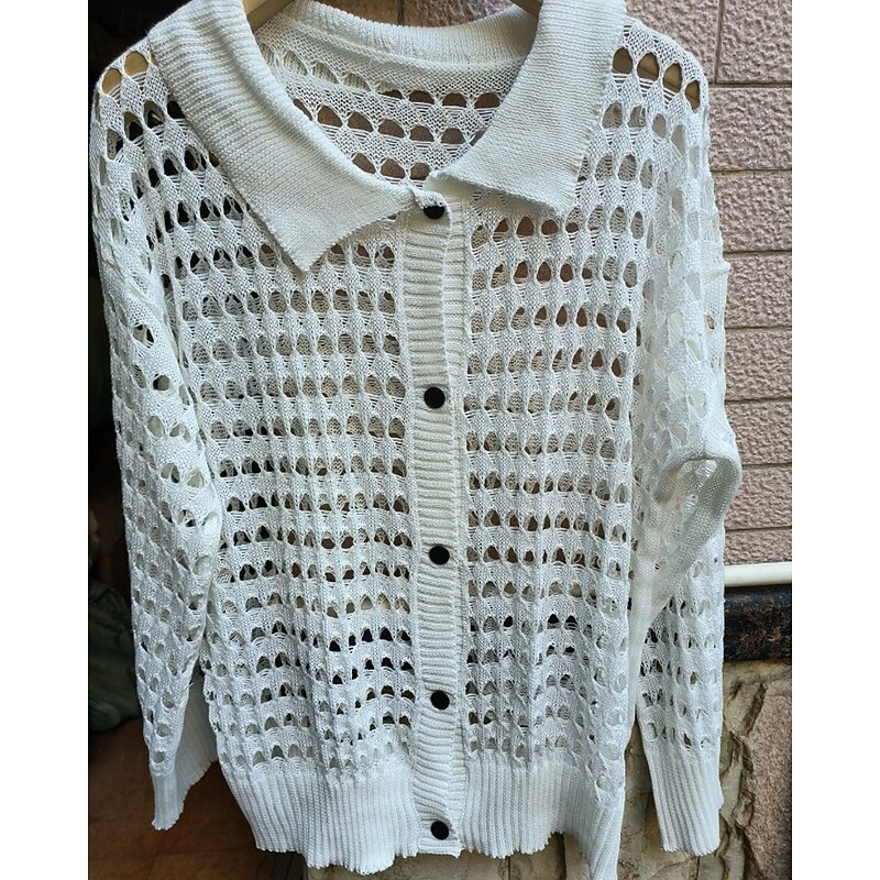 Women's Cardigan Fashion Solid Color Ribbed Shirt Collar Hollow Out Buttons Knitted Long Sleeve Regular Tops Knit Outdoor Daily Holiday White Fall3