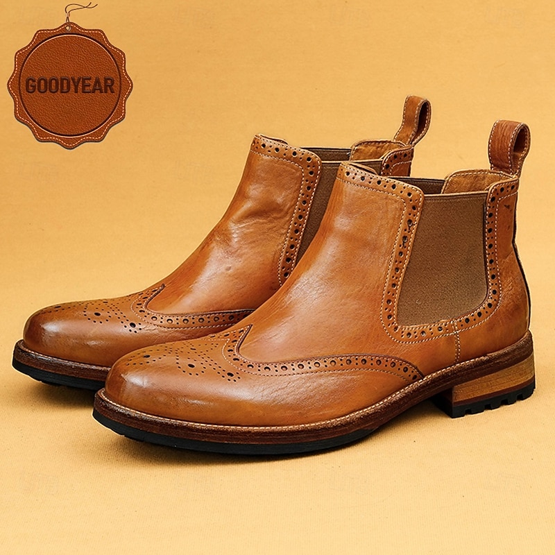 Men's Brown Leather Chelsea Boots with Brogue Detailing and Goodyear Welt - Fashionable Ankle Boots for Casual and Semi-Formal Occasions