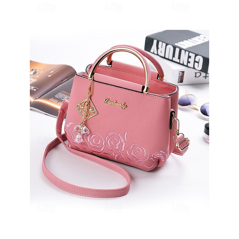 Women's Embroidered Rose Tote Bag with Gold Top Handle and Shoulder Strap - Elegant Faux Leather Crossbody Bag for Commuter, Leisure and Weekend Outings