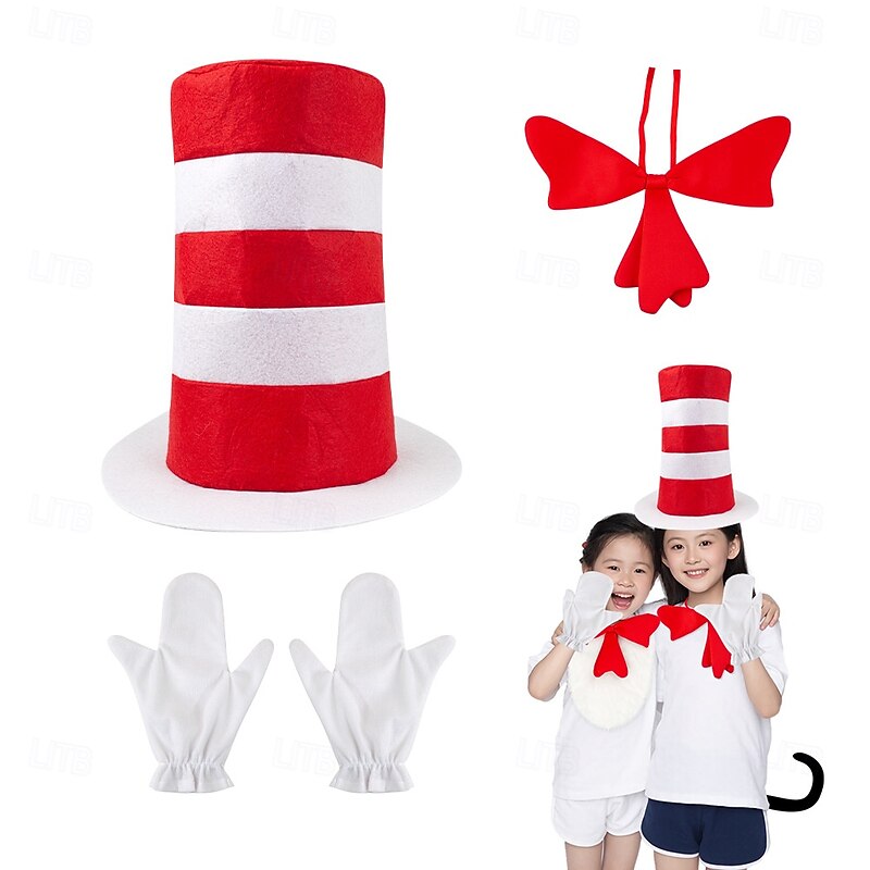 The Cat in the Hat Cat Gloves Accessories Set Tall Hat Storybook Characters Cosplay Movie Cosplay for Unisex Adults' Halloween Carnival World Book Day Performance Educational Dress Up
