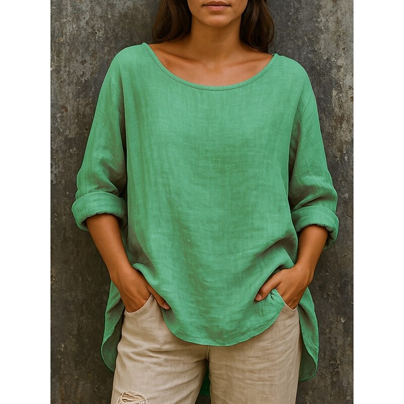 Women's Cotton Linen Shirts Solid Color Basic Casual Long Sleeve Crew Neck Regular Tops Daily Ruched Pink Sky Blue Green Khaki Fall4