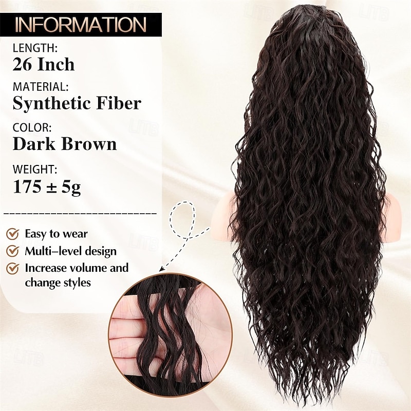 Ponytail Extension Claw Clip Ponytail Extension 26 Inch Long Dark Brown Curly Clip in Pony Tails Hair Extensions Synthetic Layered Fluffy Hairpieces for Women4
