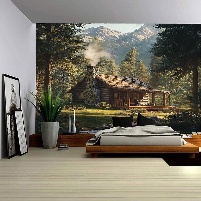 Rural Mountain Houses Waterfall Landscapes Hanging Tapestries Mural Art Large-Scale Tapestries Mural Decoration Photos Backgrounds Curtains Home Furnishings Bedrooms Living Rooms Decoratio - Main Image
