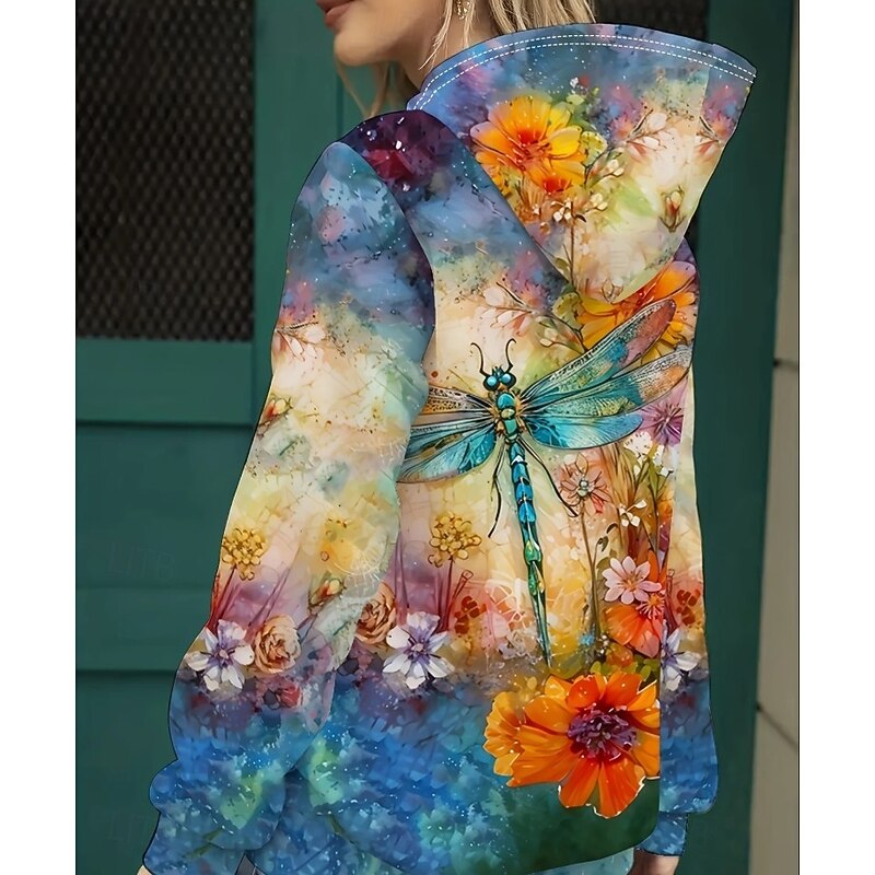 Women's Hoodie Pullover Sweatshirt Oversized Long Sleeve Casual Graphic Floral Animal Butterfly Vintage Retro Hooded Regular Tops Street Dailywear Print Pink Blue Spring Fall Winter2