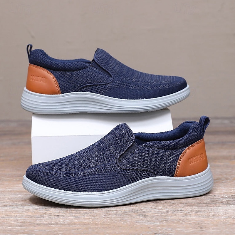 Men's Navy Knit Slip-On Sneakers – Breathable Stretch Fabric with Contrast Heel, Ultra-Light Comfort for Walking, Travel and Daily Wear4
