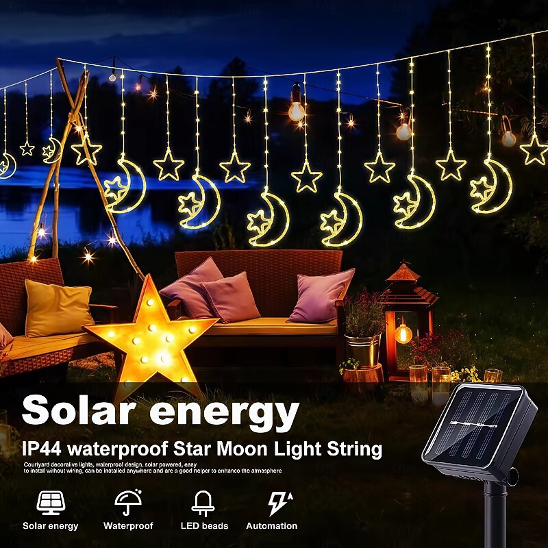 Led Decorative Light Solar Moon Star Light String Outdoor Waterproof Solar Curtain Light 8 Modes Of Hanging Ice Bar Light 1PC