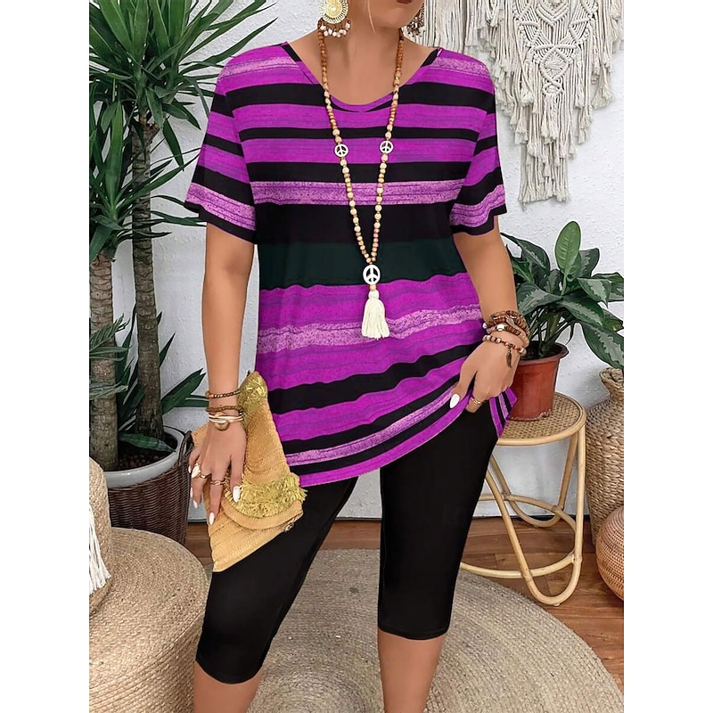Women's Fashion T Shirt Shorts Sets Short Sleeve V Neck Graphic Striped Print Casual Daily Casual Daily Blue Purple Brown Summer Regular Fit3
