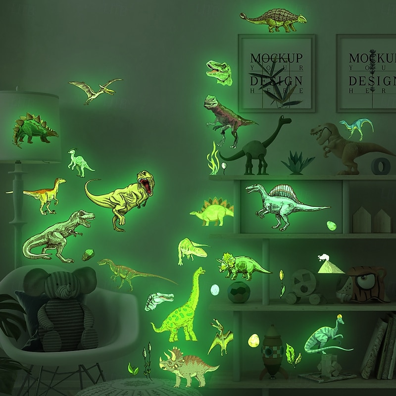 4 Sheets Glow in The Dark Dinosaur Wall Sticker, 1M Luminous Self-Adhesive Wall Decal for Kids Bedroom, Living Room Decoration