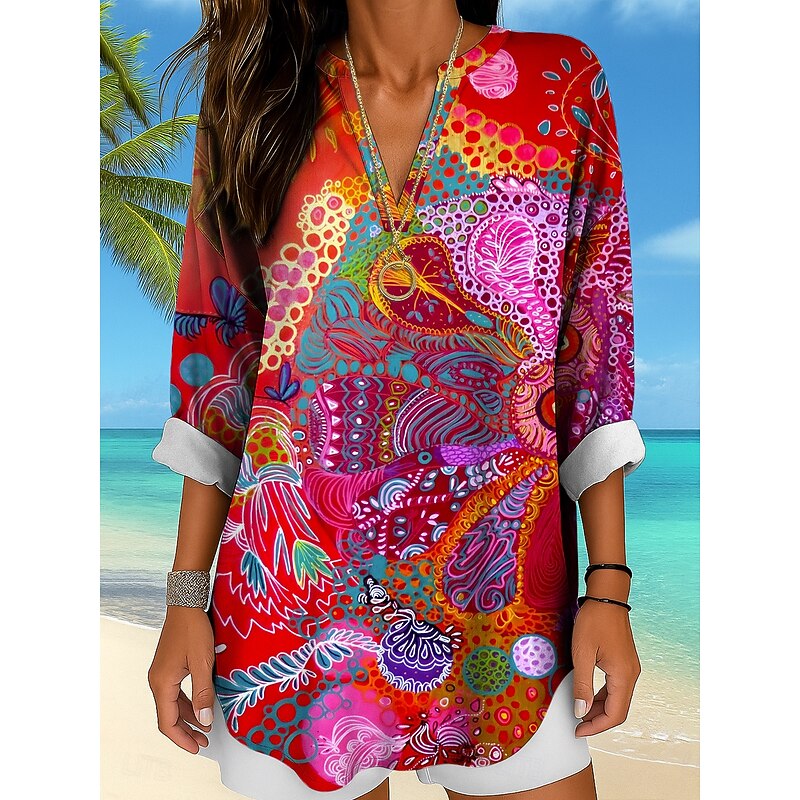 Women's Blouse Tunic V Neck Long Sleeve Boho Casual Tops Graphic Abstract Elegant Stylish Pretty Regular Tops Daily Print Yellow Red Blue Purple Green