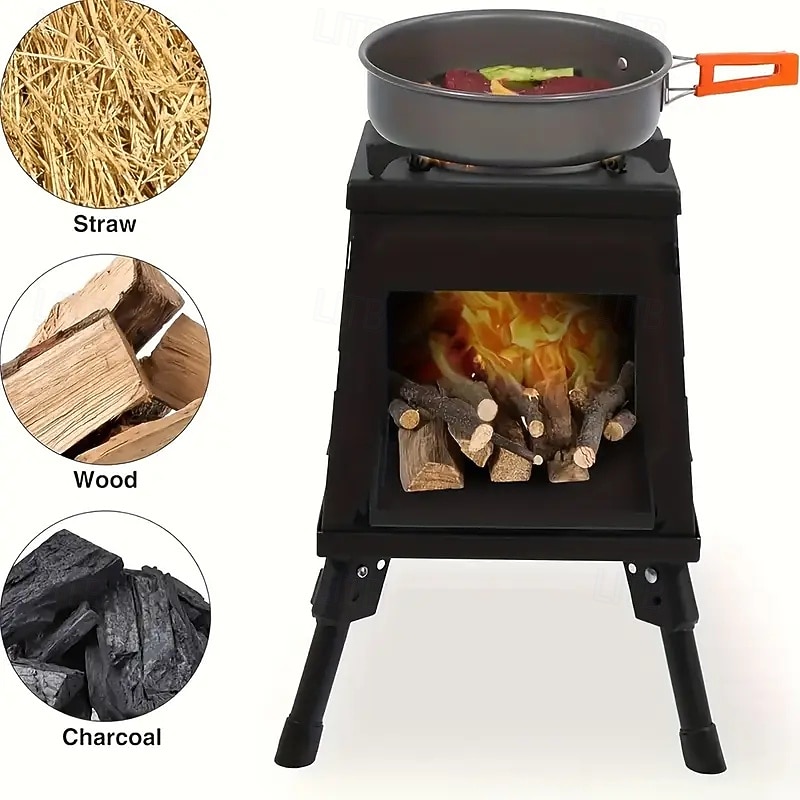 1pc Wood Barbecue Camp Stove Outdoor Picnic Barbecue Travel Portable Cast Iron Wood Stove Black4