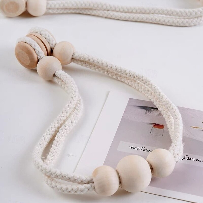 Boho Wooden Ball Curtain Tiebacks with Wood Beads Handmade Weave Rope Curtain Holders Window Drapes Holdbacks Strap Beige4