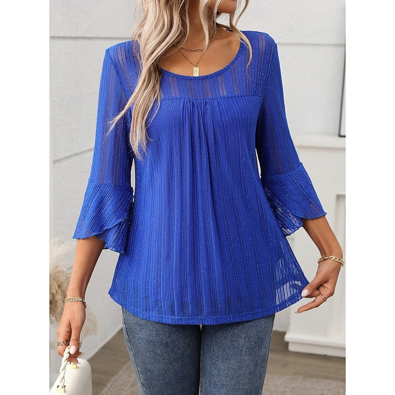 Women's Blouse Solid Color Elegant Stylish Basic 3/4 Length Sleeve Crew Neck Regular Tops Daily Patchwork Sage Green Black Red Navy Blue Blue Spring Fall