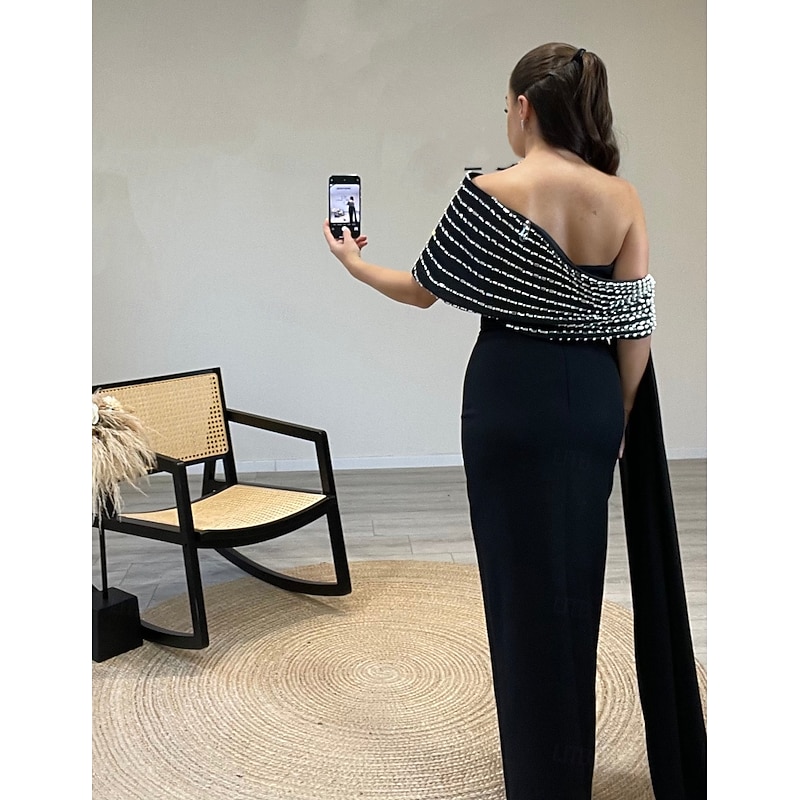 Black Tie Column Evening Gown Elegant Dress Formal Wedding Guest Floor Length Short Sleeve One Shoulder Stretch Crepe with Glitter Crystals3