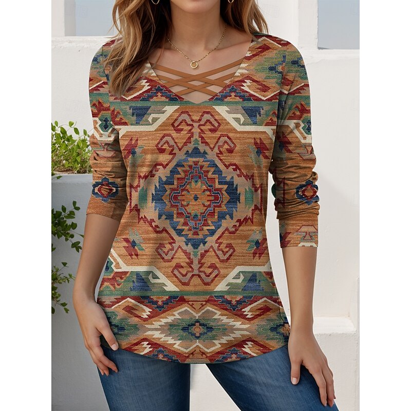 Women's T Shirt Graphic Geometric Abstract Vintage Stylish Modern Long Sleeve V Neck Regular Tops Daily Cut Out Print Red Brown Khaki Spring Fall3