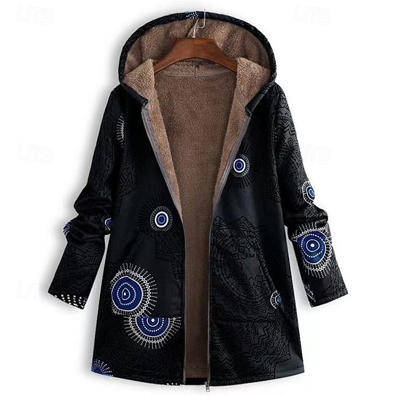Women's Fleece Jacket Coat Hoodie Jacket Warm Comfortable Zipper Pocket Fashion Modern Casual Geometric Going out Weekend Zipper Regular Hooded Regular Fit Long Sleeve Outerwear Black Winter