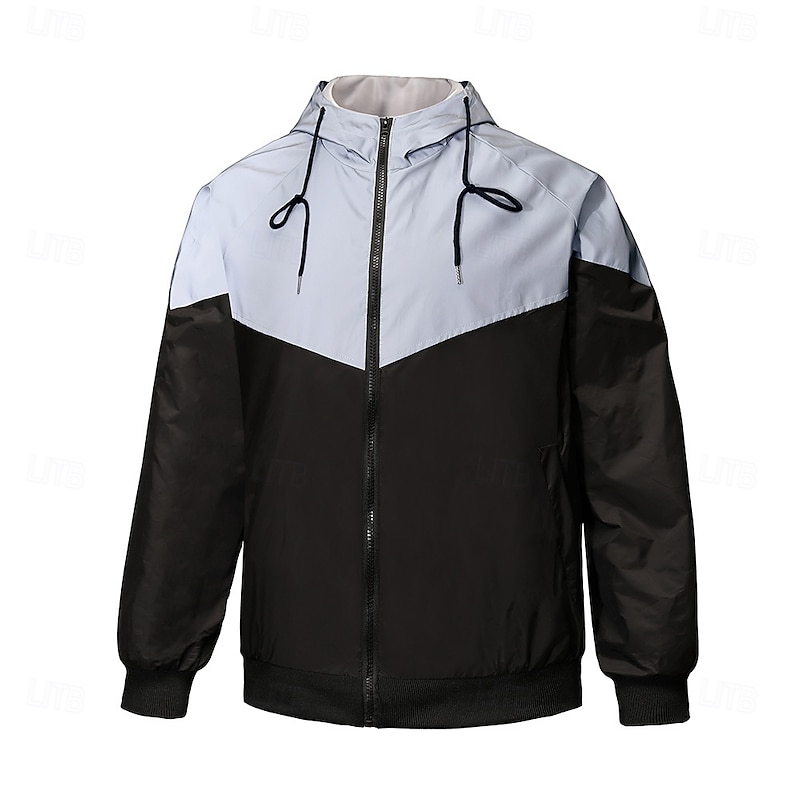 Men's Reflective Jacket Sports & Outdoor Sport Reflective Windbreaker Pocket Hooded Spring &  Fall All Seasons Solid Color Active Fashion Hoodie Regular Gray Jacket3