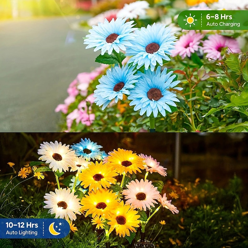 2 Pcs Solar Garden Lights Outdoor Sunflower Path Lights Waterproof Lawn Lights Villa Yard Park Walkway Garage Porch Patio Holiday Landscape Decoration4