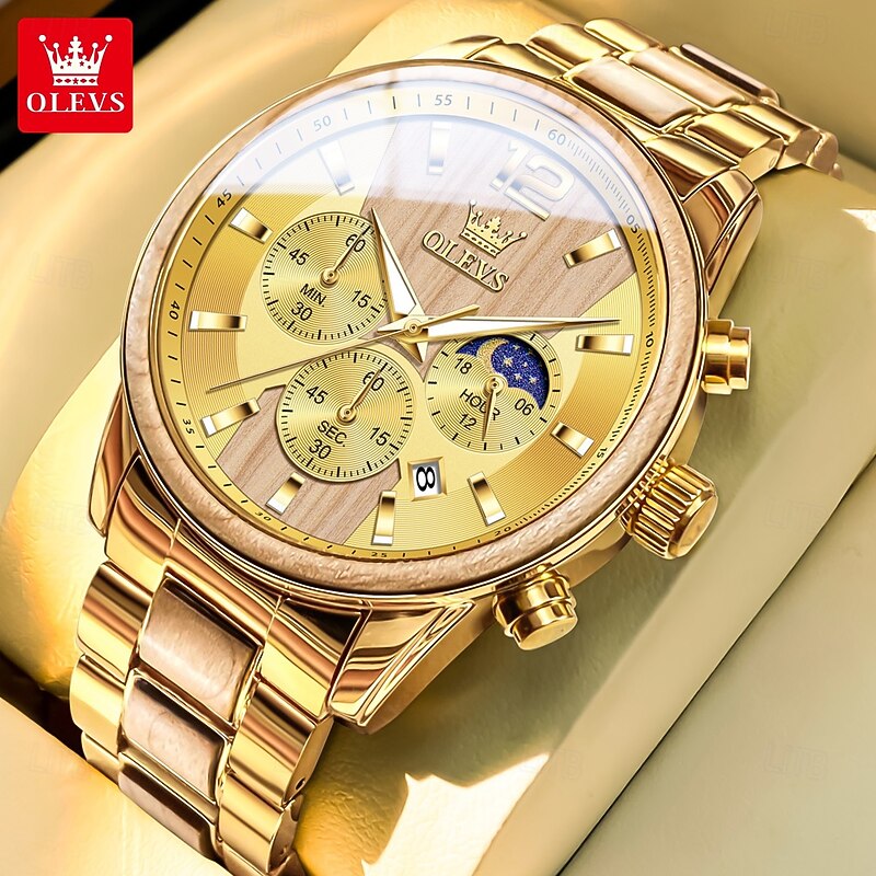 OLEVS 3645 Mens Watch Top Brand Business Original Quartz Watch Solid Wood Multifunctional Chronograph Moon Phase Watch2