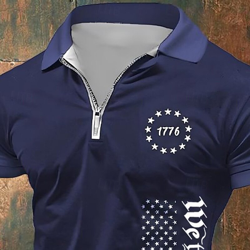 American Independence Day Men's American US Flag Polo Shirts Quarter Zip Polo Golf Shirt Short Sleeve Polo Shirts Lapel Fashion Casual Daily Festival Print Summer Navy Blue2