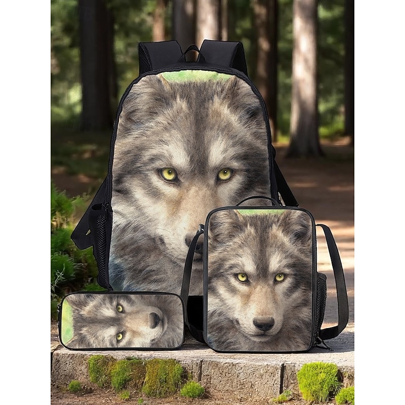 Boy's 3-Piece Wolf Print Backpack Set – Durable Lightweight School Bag with Lunch Box and Pencil Case for Students, Outdoor Adventures and Daily Commute Kayomi Harai