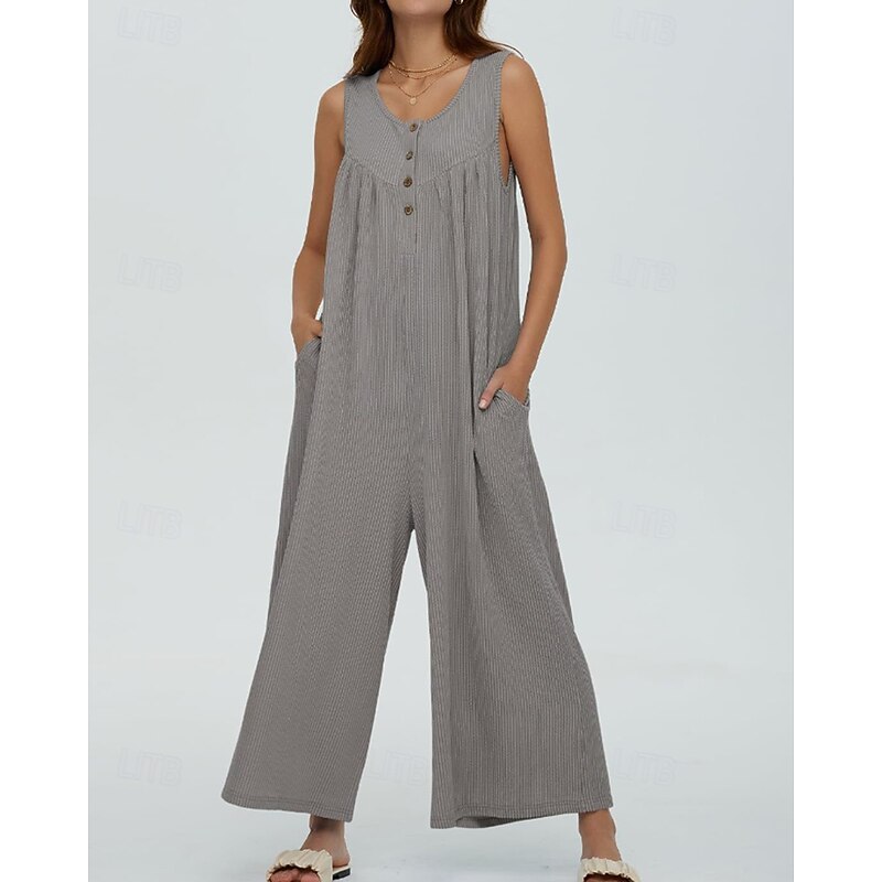 Women's Normal Jumpsuit Streetwear Solid Color Sleeveless U Neck Buttons Pocket Street Daily Regular Fit Black Navy Blue Blue Summer2