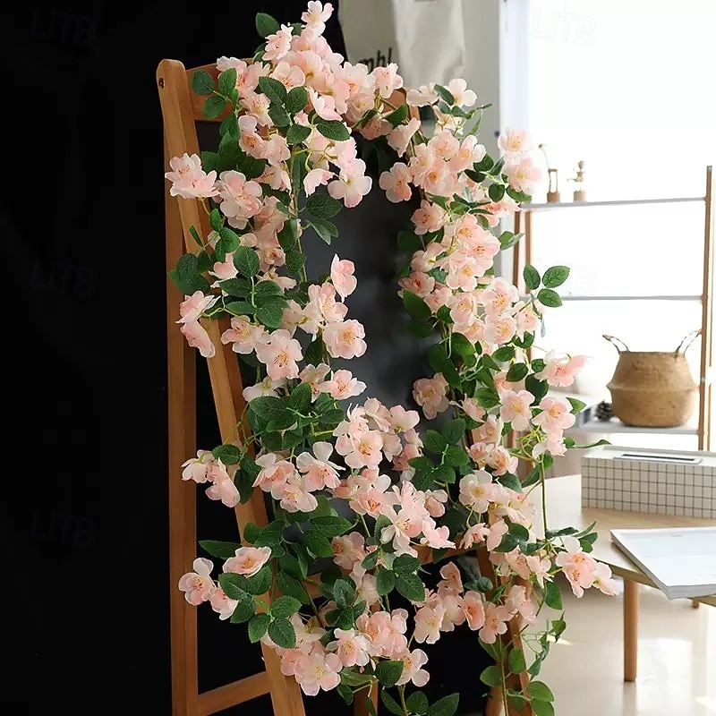Artificial Cherry Blossom Vine Wall Hanging, Fake Flower Garland for Air Conditioner Pipe and Indoor Ceiling Decoration, Wedding Decor Faux Plant Vine
