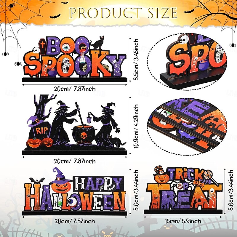 4 Pack Halloween Wooden Table Centerpiece Decorations, Trick or Treat Boo Ghost Witch Pumpkin Signs, Rustic Indoor Party Tabletop Home Decor2