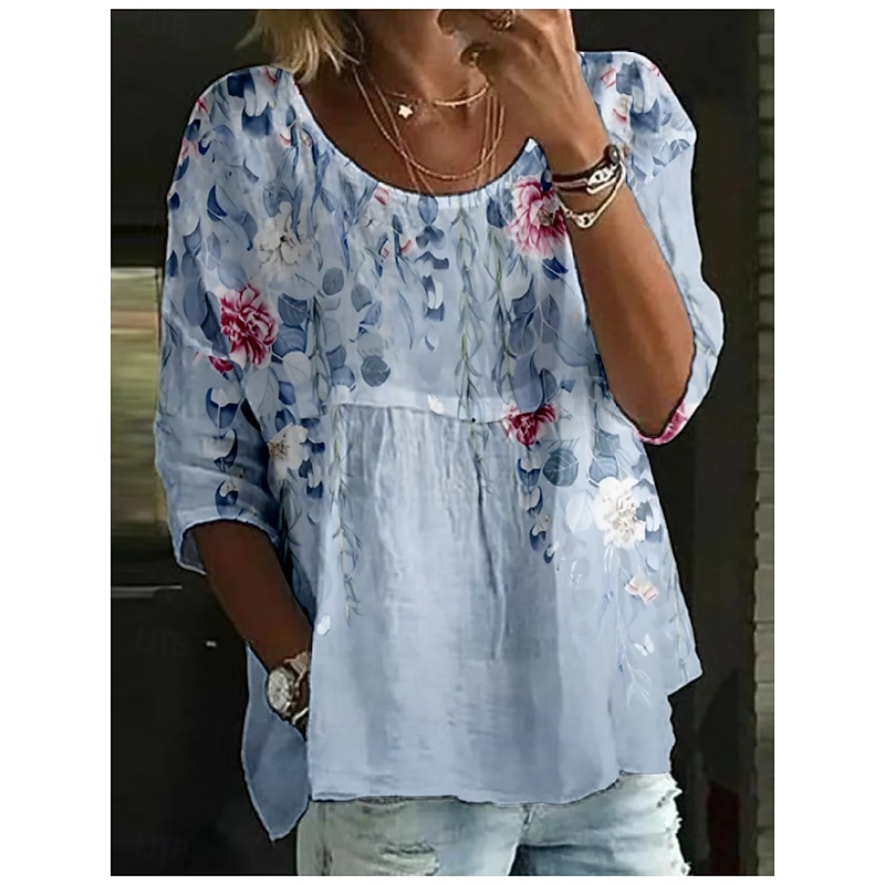 Women's Blouse Floral Stylish 3/4 Length Sleeve Crew Neck Regular Tops Daily Holiday Print Pink Blue Purple Green Summer
