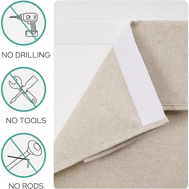 Blackout Linen Door Window Curtains for French Door, Tricia Room Darkening Adhesive Privacy Assured Thermal Insulated Blinds for Kitchen Glass Window2