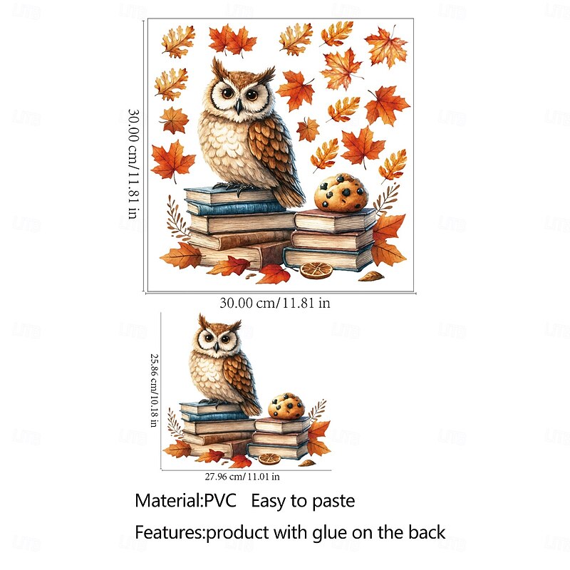 Fall Wall Stickers, Thanksgiving Maple Leaf and Owl  Cartoon Animal Reading Owl Decals for Living Room Bedroom Kids Room Home Decor Self-Adhesive Wall Decals4