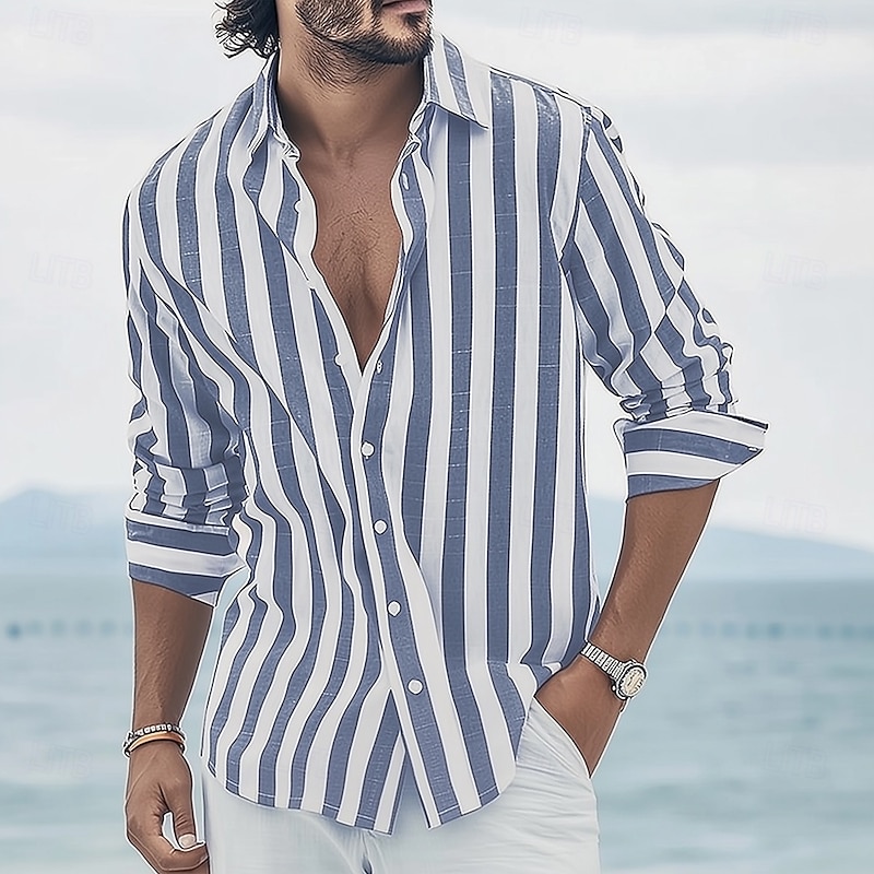 Men's Geometric Striped Shirt Button Up Shirt Long Sleeve Fashion Casual Dailywear Causal Beach Wear Summer Spring Turndown 3D Print Linen Like Shirt Black Pink Blue Green2