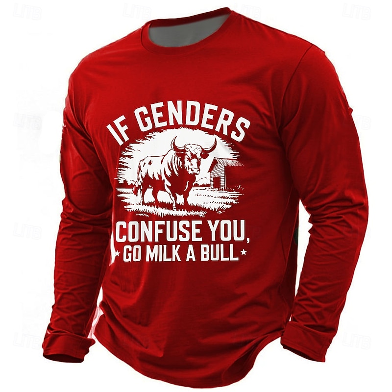 Men's Humorous Long Sleeve Graphic Tee with 'If Genders Confuse You, Go Milk A Bull' Idiomatic Wordplay Design3