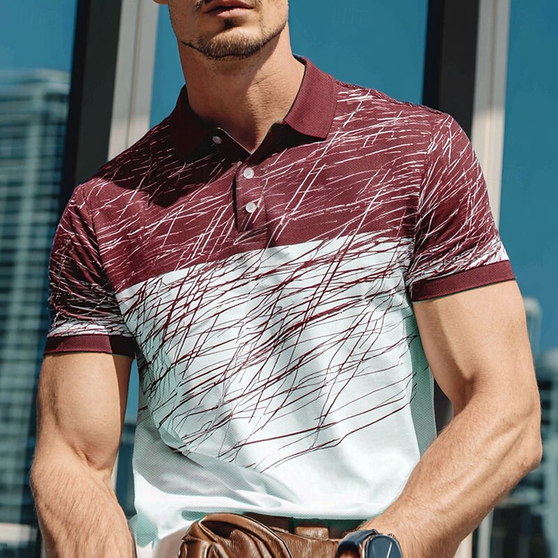 Men's Abstract Line Polo Short Sleeve Polo Shirts Lapel Business Casual Business Athleisure 3D Print Buttons Summer Red Blue Green3