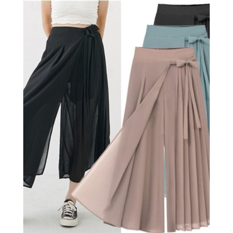 Women's Wide Leg Slacks Streetwear Casual Full Length Natural Plain Pleated Elastic Waist Outdoor Comfortable Outdoor Street Holiday Black Pink Blue Fall Regular Fit