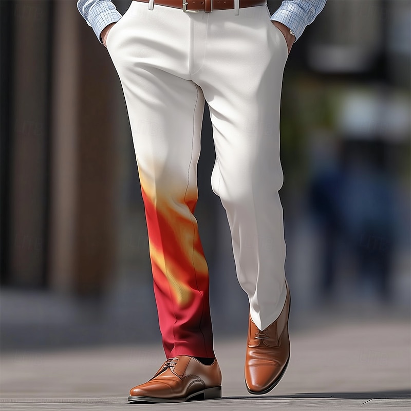 Men's Gradient Color Dress Pants Trousers Suit Pants Mid Waist Casual Outdoor Vacation Regular Fit Flat-Front Straight Leg Pants with Pockets Summer Spring Fall 3D Print White Red2