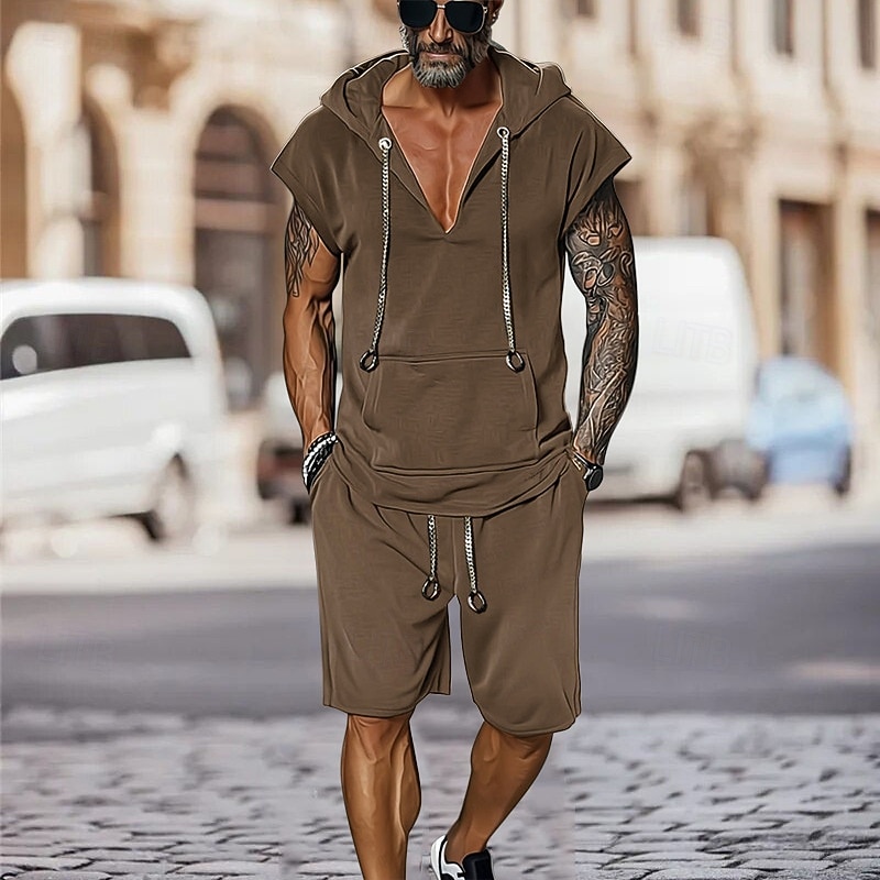 Men's T-shirt Suits 2 Pieces Outfits Tee & Shorts Short Sleeve Hooded Summer Plain Fashion Casual 2 Piece Vacation Daily Wear Going out Black Brown Top Tee for Men