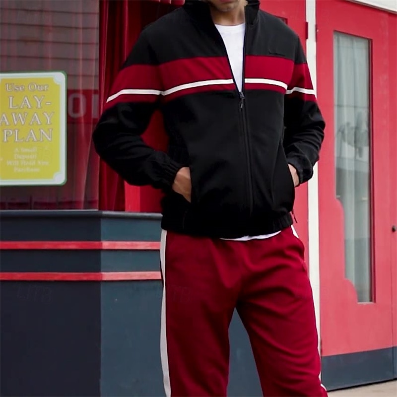 Men's Tracksuit Sweatpants Zip Up Sweatshirt Zipper Pocket Color Block Clothing Suit Fall Black Green Gym Workout Sports Windproof Long Sleeve Sport Activewear Micro-elastic Regular Fit