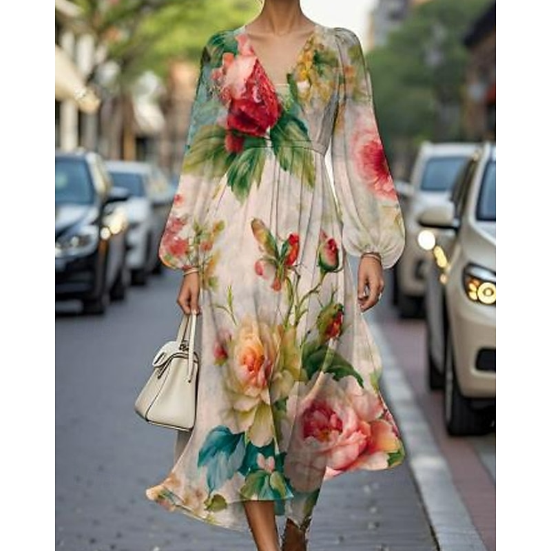 Women's Midi Dress Casual Dress Print Dress Elegant Fashion Outdoor Party Holiday Regular Fit Flower Long Sleeve V Neck Green Summer Spring