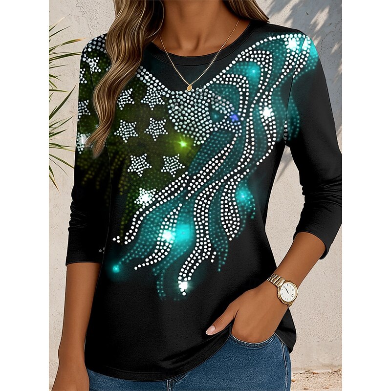 Women's Patriotic T Shirt Graphic Flag Abstract Vintage Stylish Classic  Regular Tops Daily Print Rhinestone Red Blue Purple Green Fall4