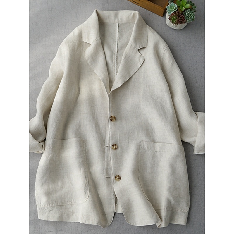 Women's Blazer Comfortable Breathable Pocket Buttons Casual Plain Office Street Casual Daily Wear Single Breasted Regular Turndown Loose Fit Long Sleeve Outerwear Navy Beige Summer Fall3