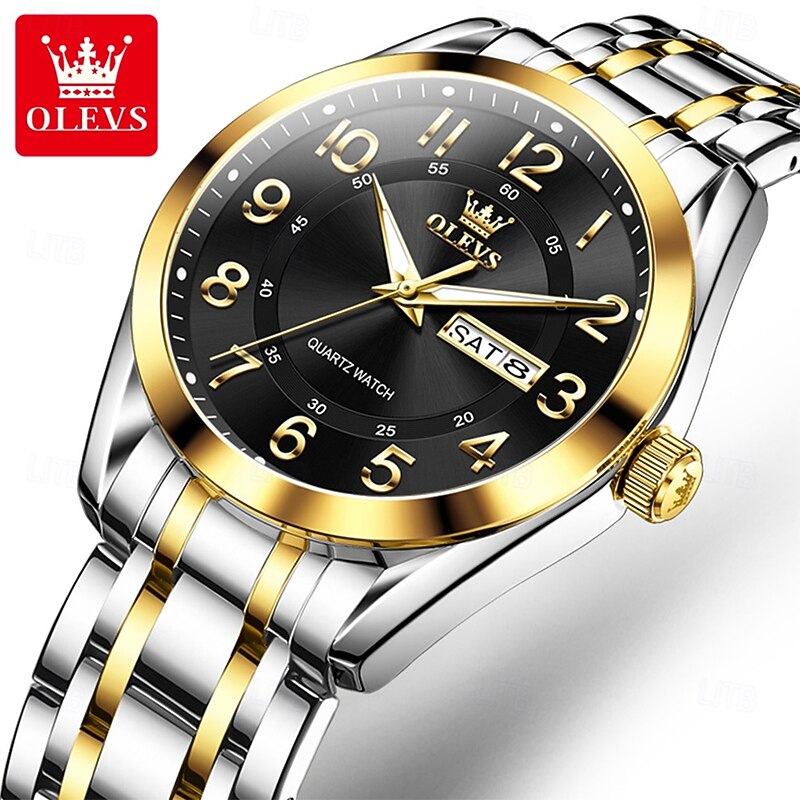 OLEVS 3666 Luxury Man Watch Stainless Steel Waterproof Dual Calendar Classic Large Digital Dial Original Quartz Watches