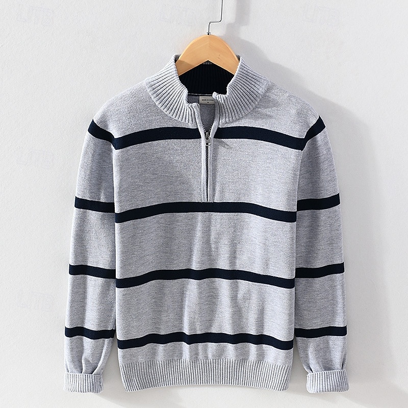 Women's Pullover Casual Striped Chunky Turtleneck Zipper Knitted Long Sleeve Regular Tops Knit Daily Holiday Going out Black White Fall Winter2