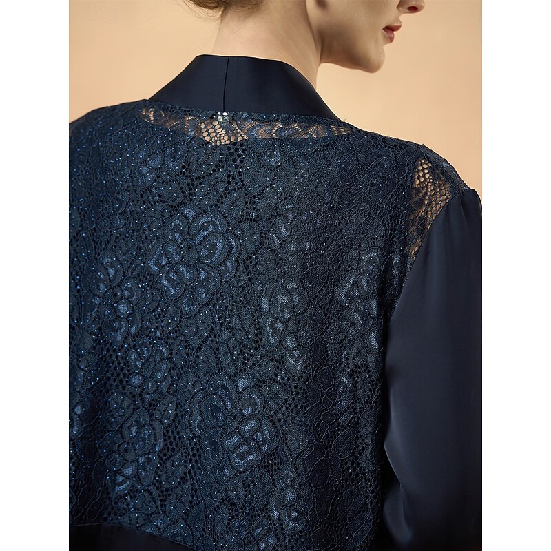 Women's Coverup Jacket Lace Elegant Fashion Formal Formal Wedding Party Party / Evening Open Front Long Collarless Loose Fit 3/4 Length Sleeve Outerwear Navy Blue Summer Spring4