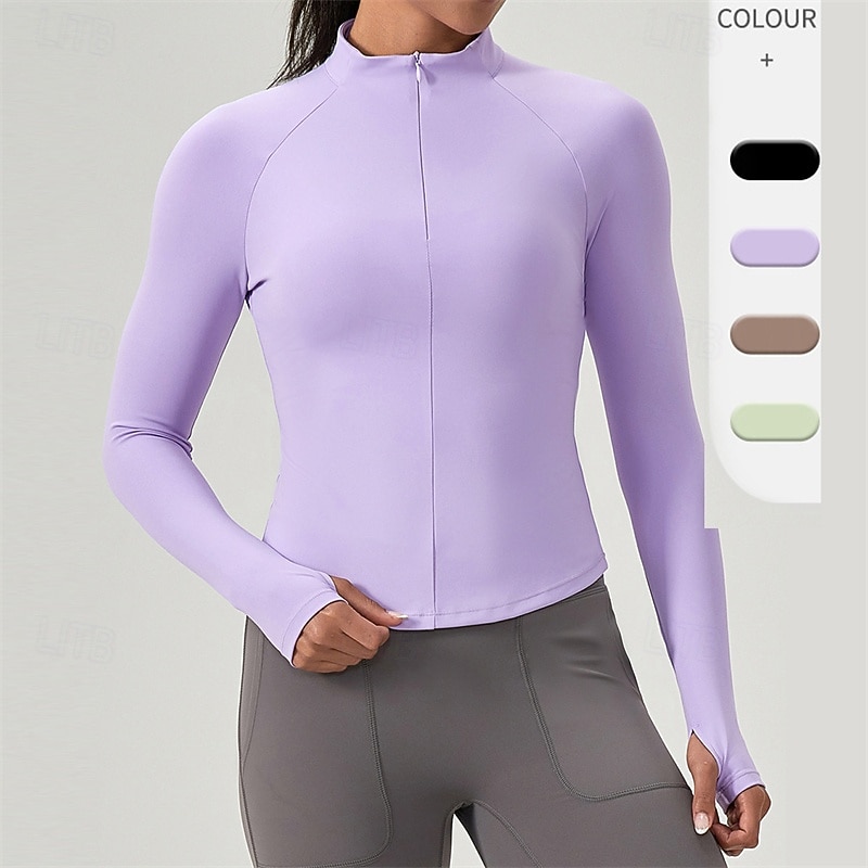 Women's Sports shirts Stand Collar Lightwear Breathable Sweat-absorbent Tight Fit Long Sleeve Sports Solid Color Top For Pilates Gym Running Activewear