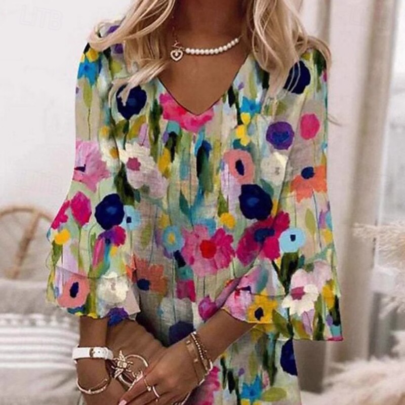 Women's Mini Dress A Line Dress Vacation Casual Boho Flare Cuff Sleeve Party Daily Holiday Loose Fit Floral 3/4 Length Sleeve V Neck Multicolor2