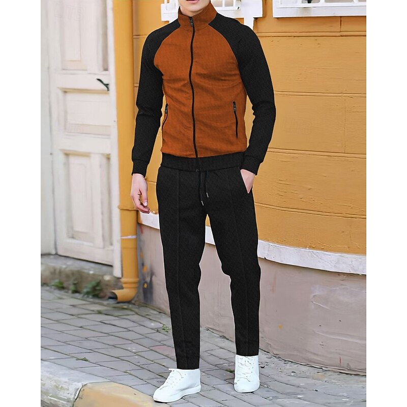 Men's Tracksuit Sweatpants Track Top Zipper Pocket Color Block Clothing Suit Fall White Brown Gym Athleisure Running Windproof Long Sleeve Sport Activewear Stretchy Regular Fit4