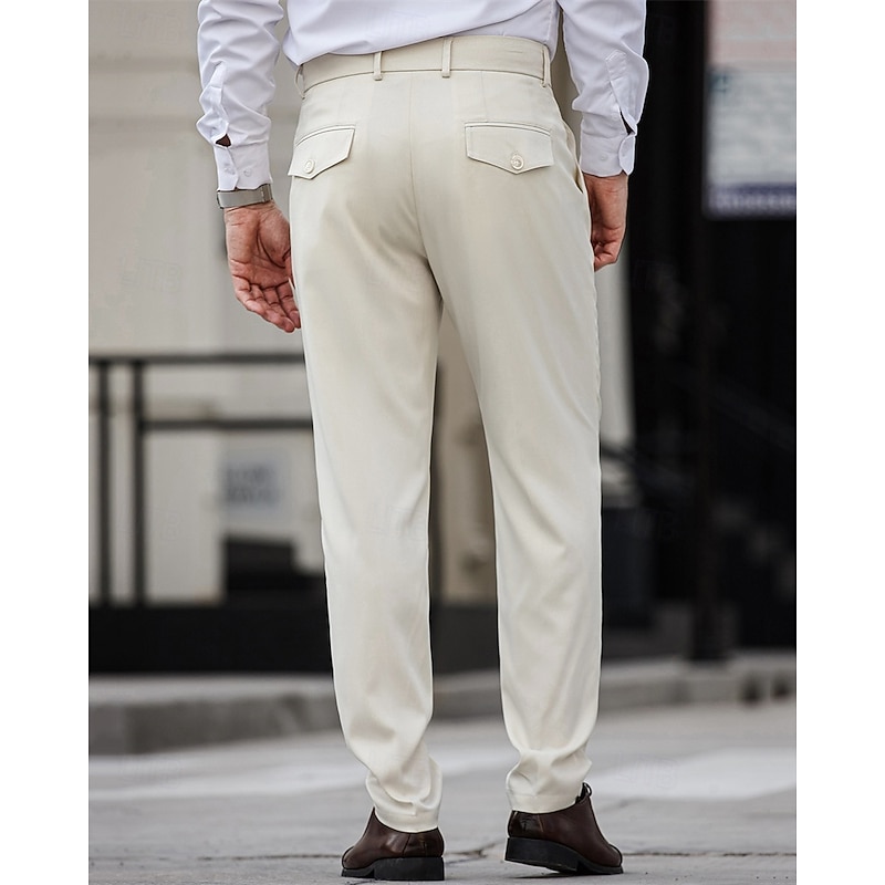 Men's Dress Pants Trousers Chinos Slacks Buttons Pocket Pleats Plaid Comfort Formal Party Work Fashion Classic Style Apricot Micro-elastic3