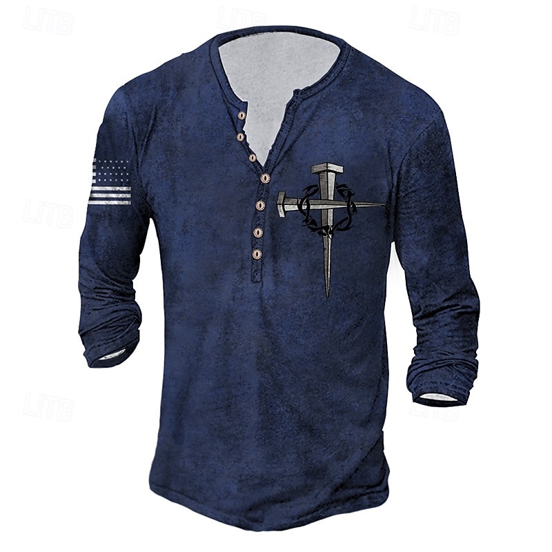 Men's T Shirt Henley Shirt Tee Tee Top Long Sleeve Henley Summer Spring National Flag Fashion Designer Basic Print Vacation Street Going out Navy Blue Purple Army Green Top Tee for Men2